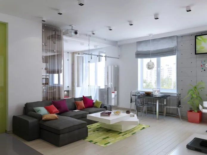 Дизайн квартиры-студии 47 м²: зонирование, спальня за стеклом